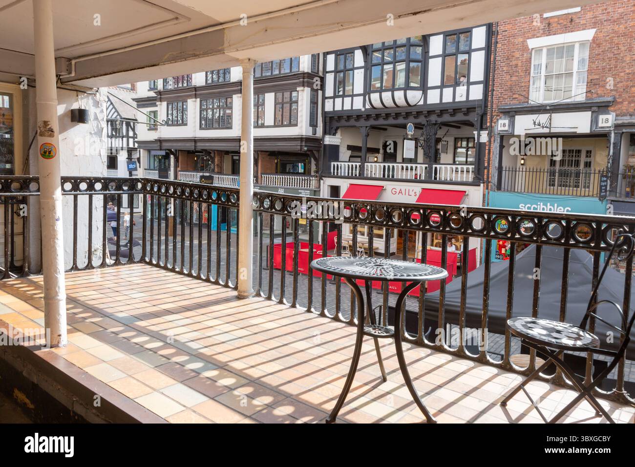 Medieval Rows, galleried buildings with covered first floor walkways in Chester city centre, Cheshire, UK. 2025 Stock Photo