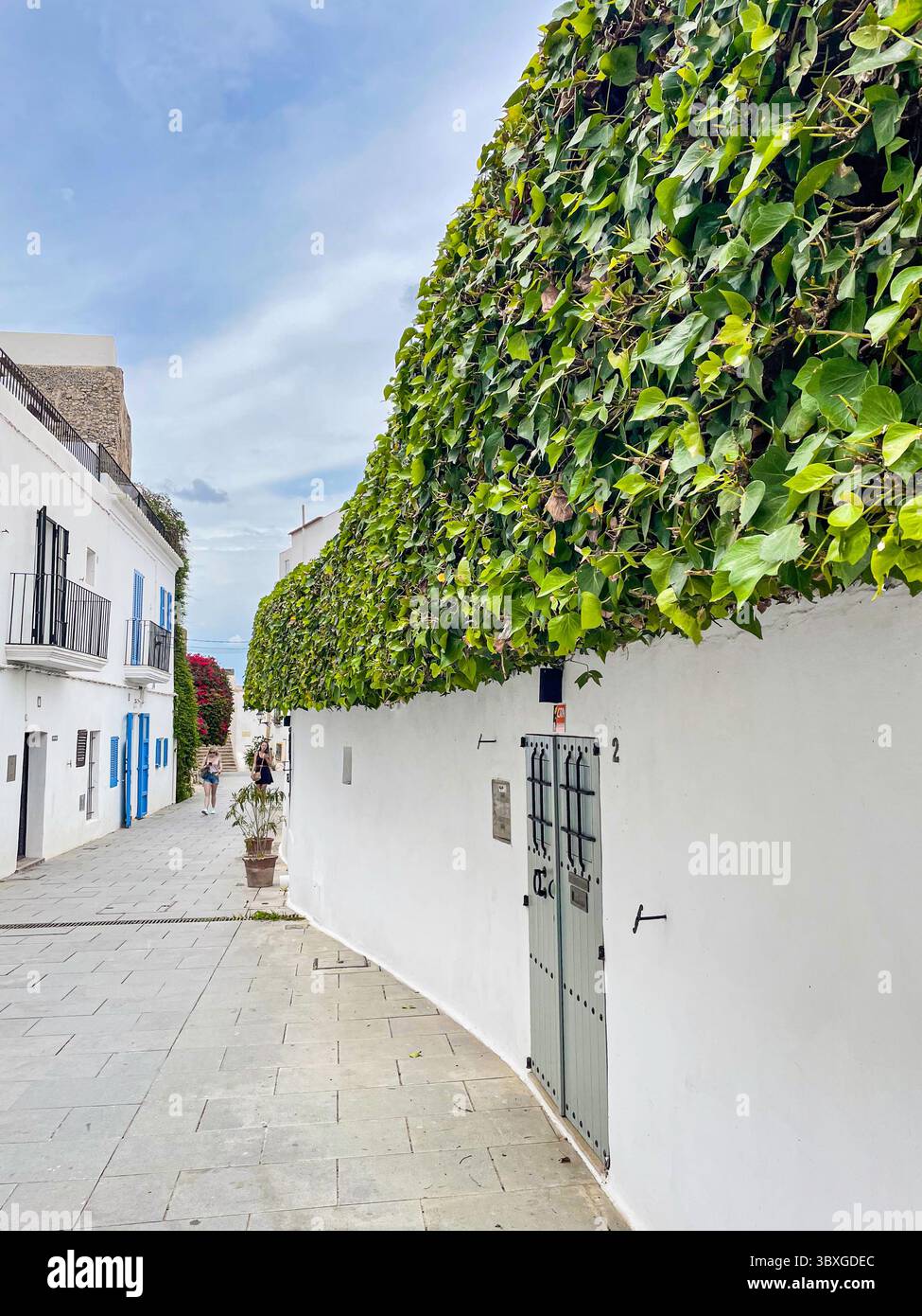 Tranquil cobbled streets and whitewashed buildings in the historic Dalt Vila, Ibiza, Balearic Islands, Spain: Phillip Roberts - Smartphone Captured Stock Image