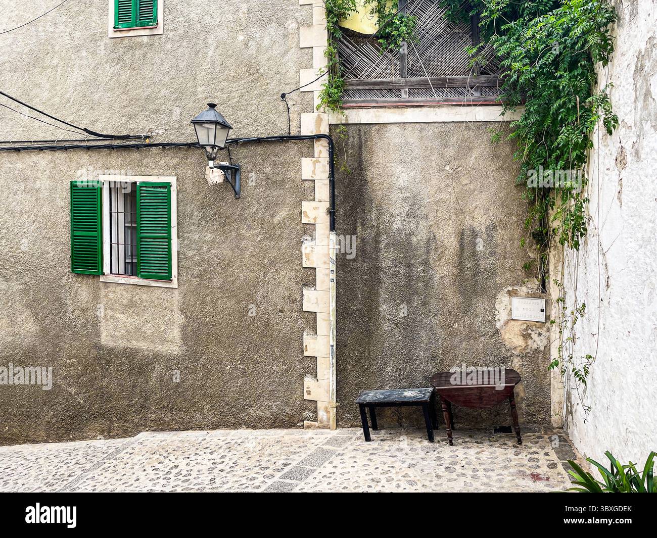 Tranquil cobbled streets and whitewashed buildings in the historic Dalt Vila, Ibiza, Balearic Islands, Spain: Phillip Roberts - Smartphone Captured Stock Image