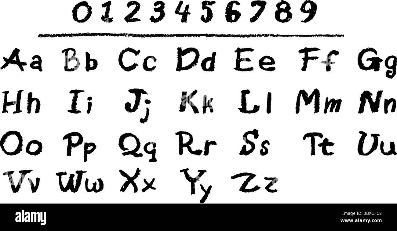 English alphabet and numbers 0-9, hand-drawn in a white wax crayon or ...