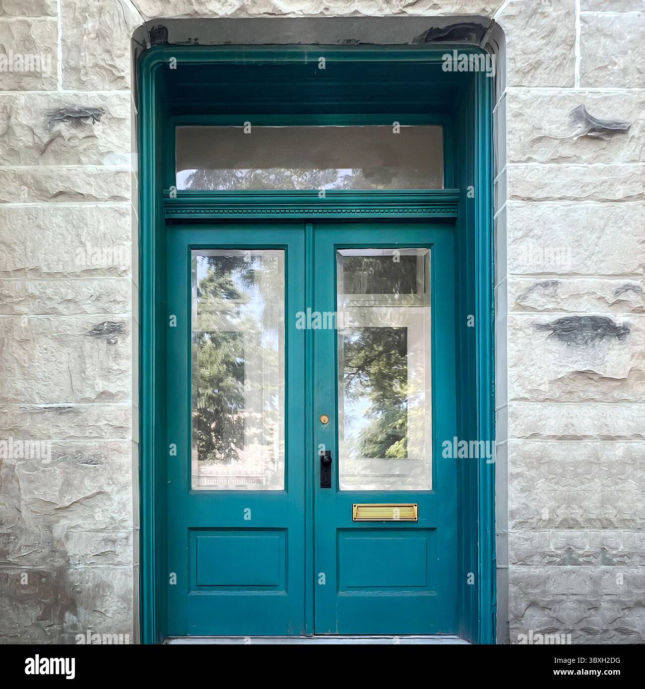 Aqua blue double doors with transom window and gold mail slot set in a textured limestone facade in Chicago, reflecting trees in the surrounding area. - Smartphone Captured Stock Image