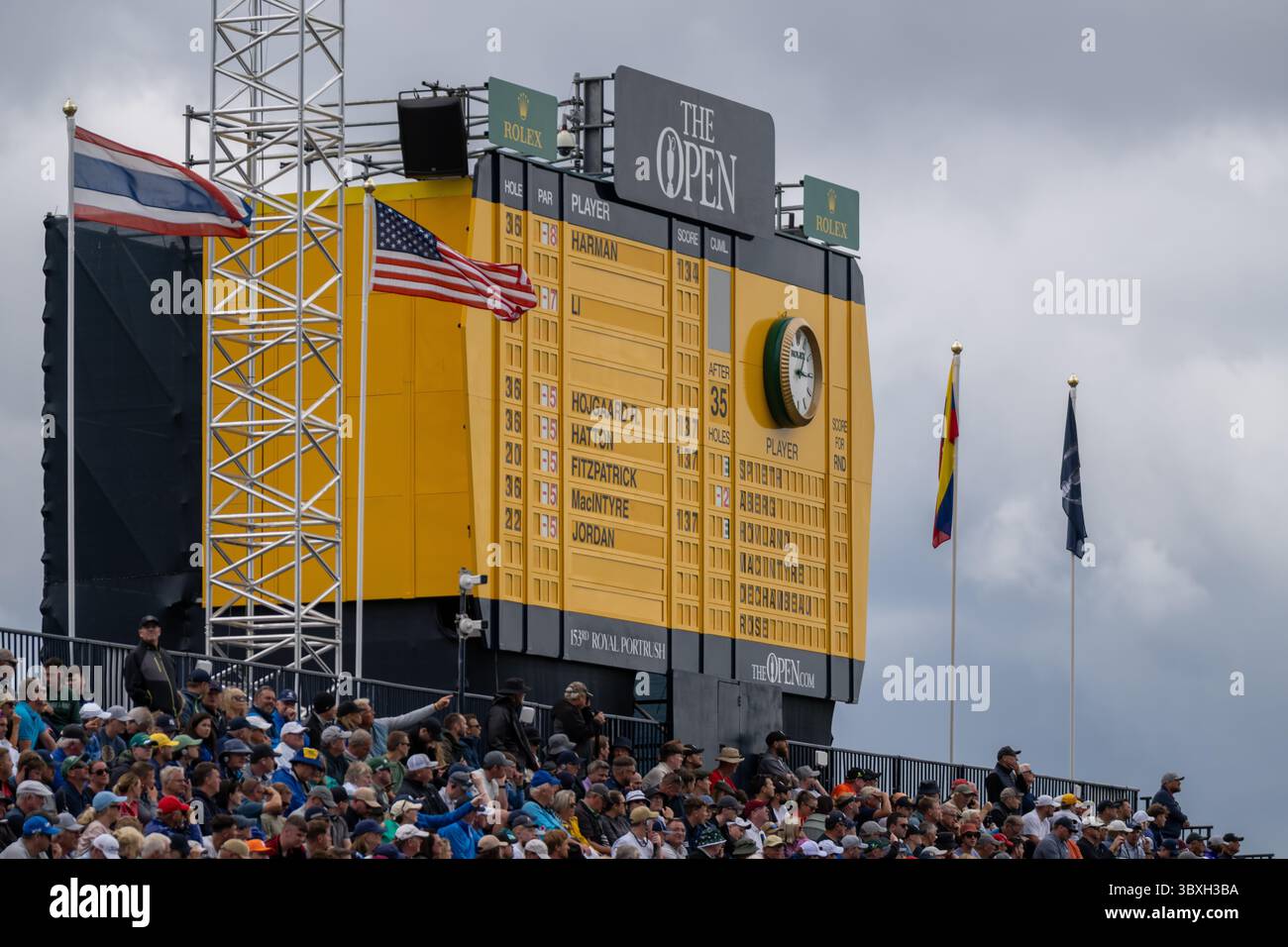 Portrush, Ireland. 18th July 2025. The scoreboard above the 18th green ...