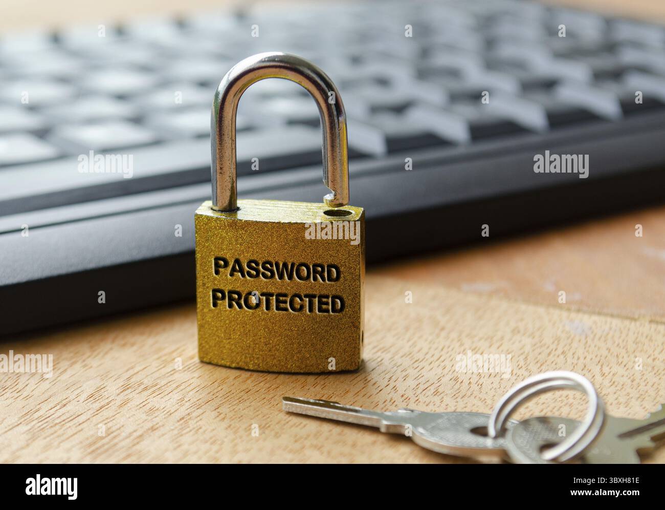 Password protected text engraved on padlock. Password security concept Stock Photo