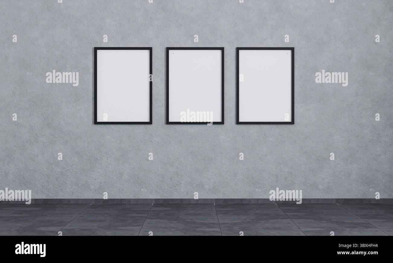 Three empty picture frames on grey concrete wall with dark tiling. Poster frames mockup. Empty room with poster frames. Grey room interior.3d renderin Stock Photo