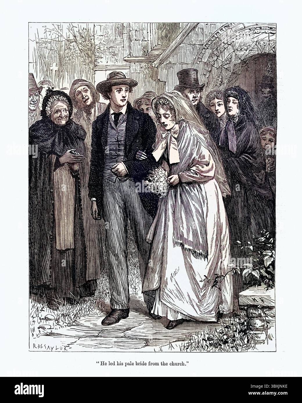 Vintage Illustration Of Victorian Wedding Bride And Groom Leaving