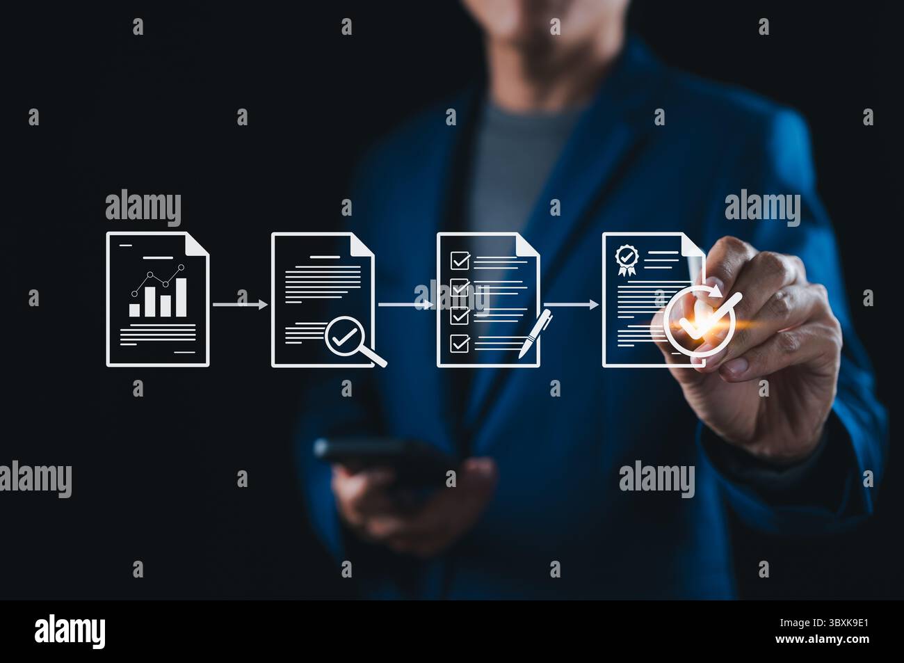 Document Review and Quality Control Process. Businessman interacts with ...