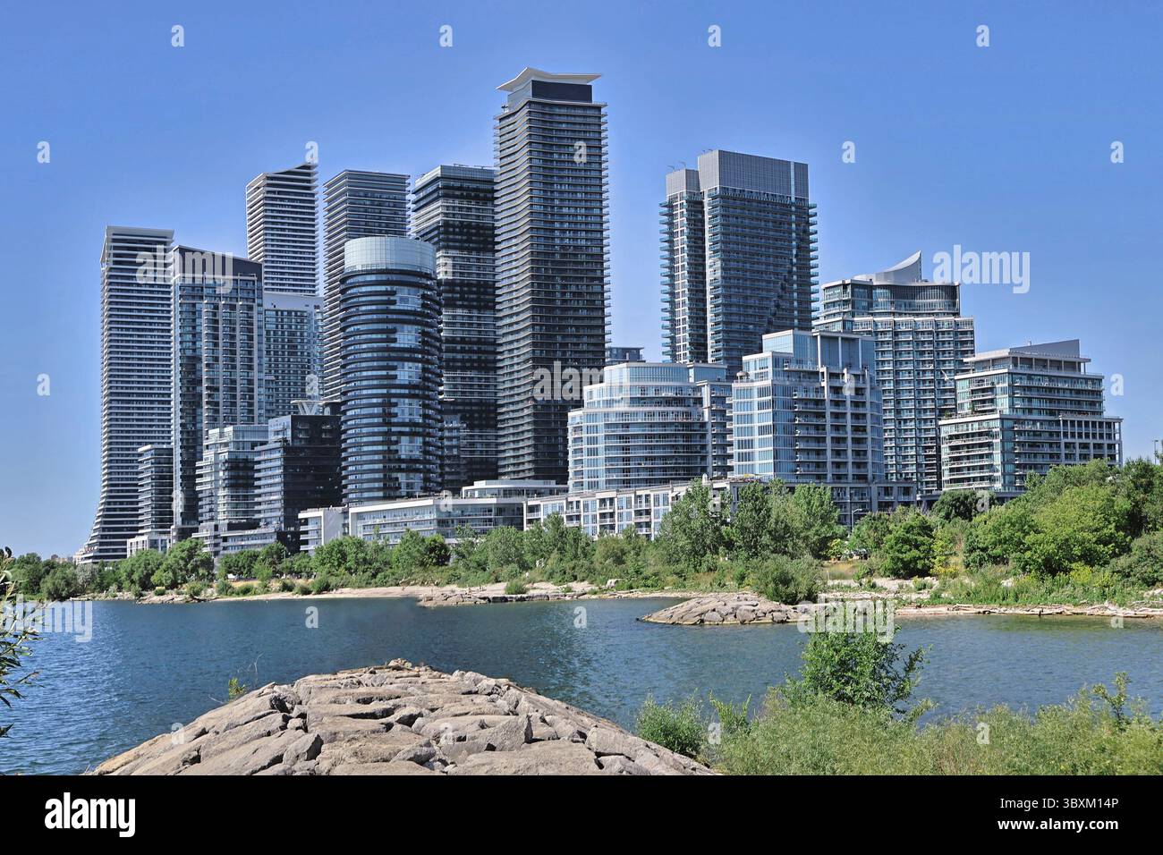 Neighborhood of modern high rise apartment buildings Stock Photo