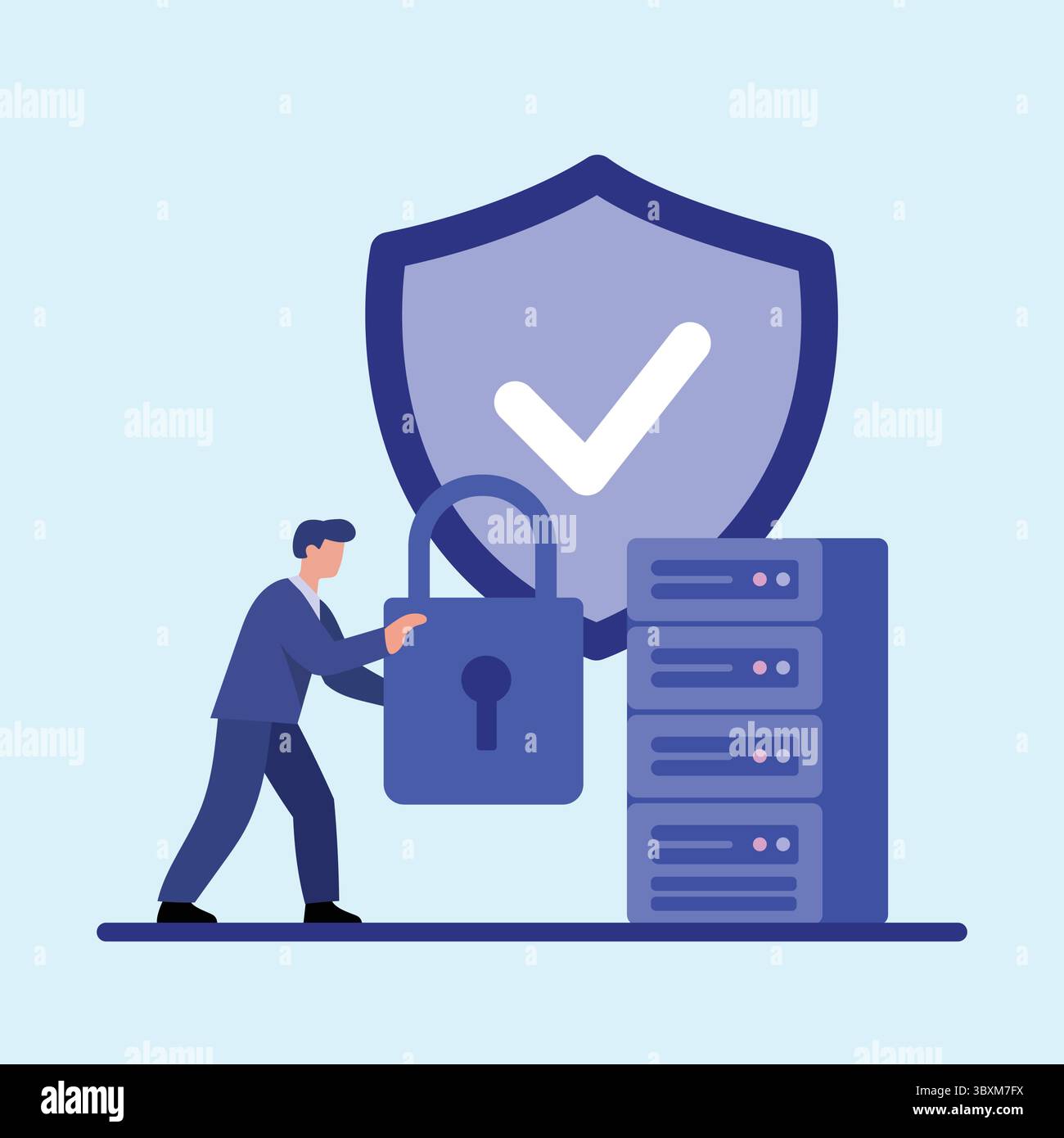 A man locks a large padlock next to computer servers, symbolizing secure data protection and cybersecurity measures. Stock Vector