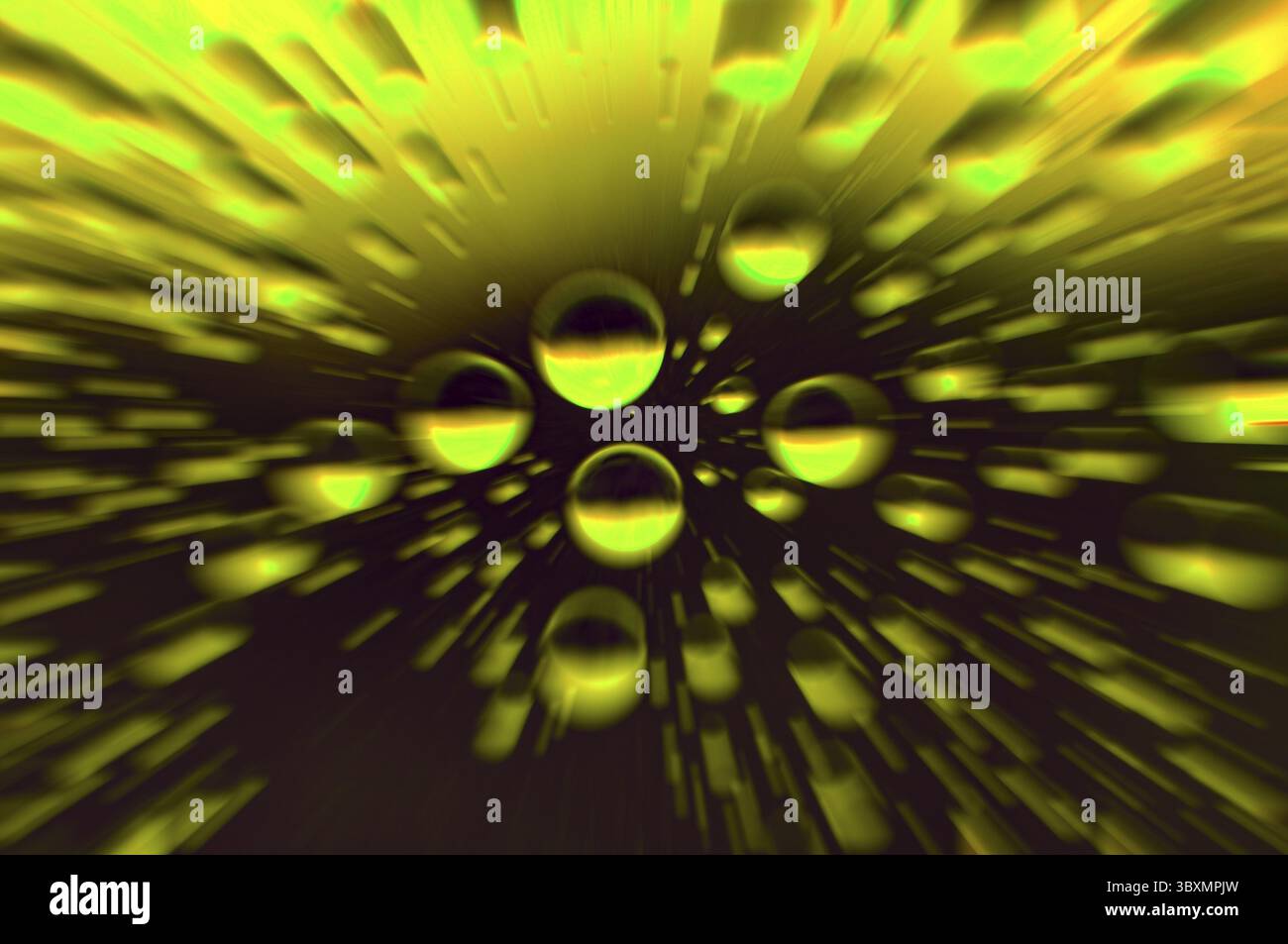 Zooming into rain water droplets on golden glass background Stock Photo