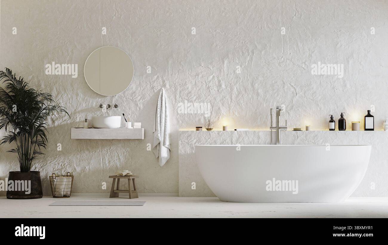 Modern bathroom interior mock up with bathtub, sink and mirror, towels and bath accessories, 3d rendering Stock Photo