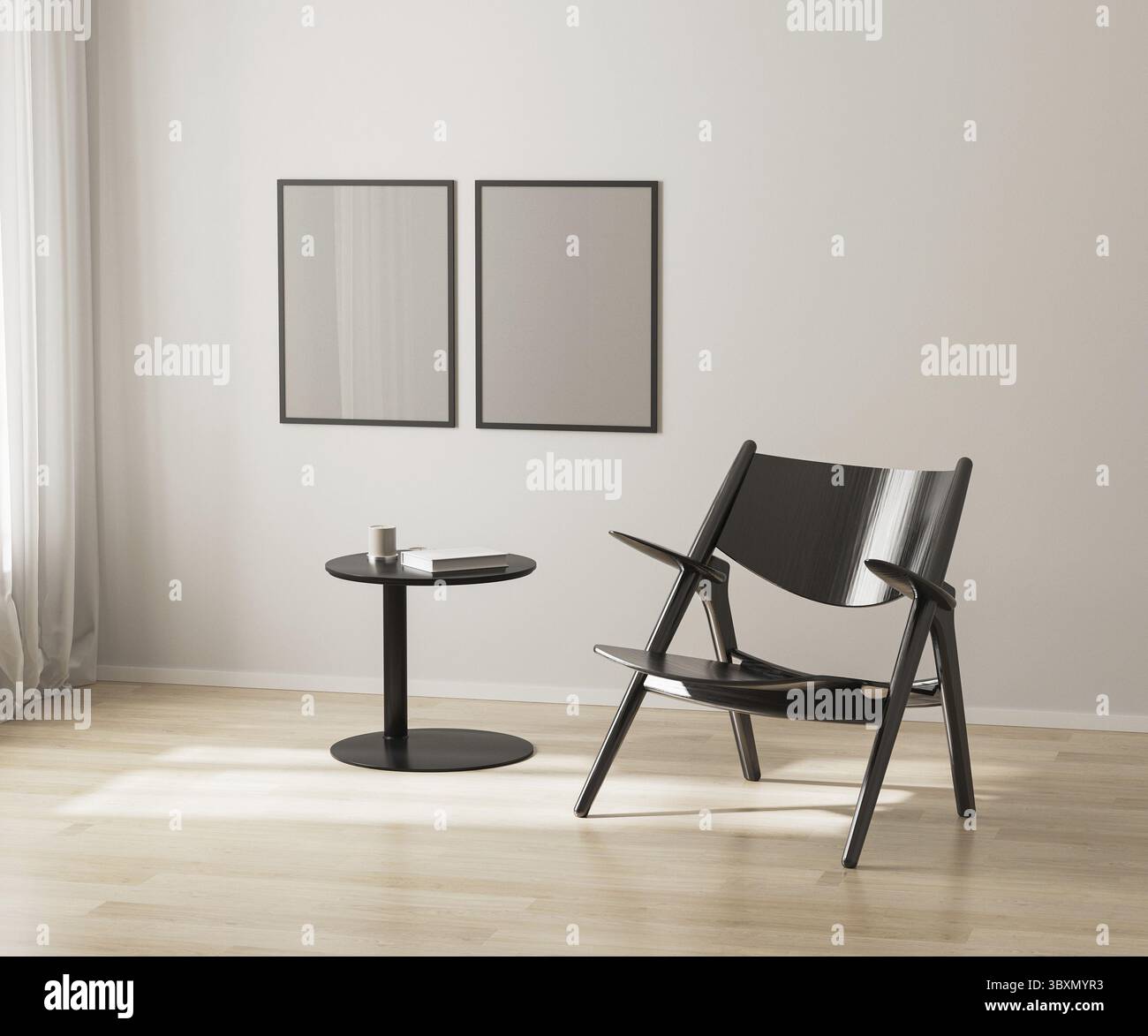 Two poster frames mockup on white wall, black chair and coffee table, 3d render Stock Photo