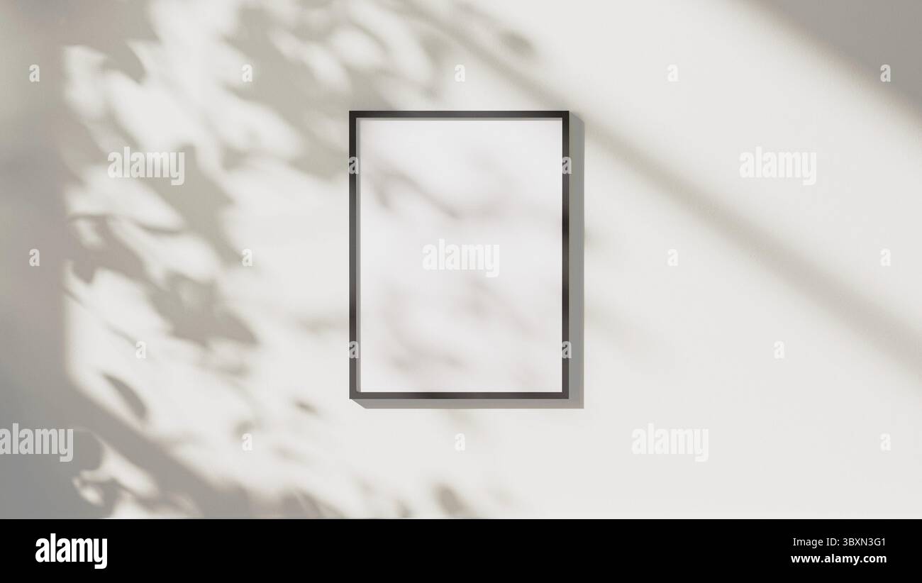 Empty black vertical rectangular frame mock up with leaves shadows and sunlight on white wall background, 3d rendering Stock Photo