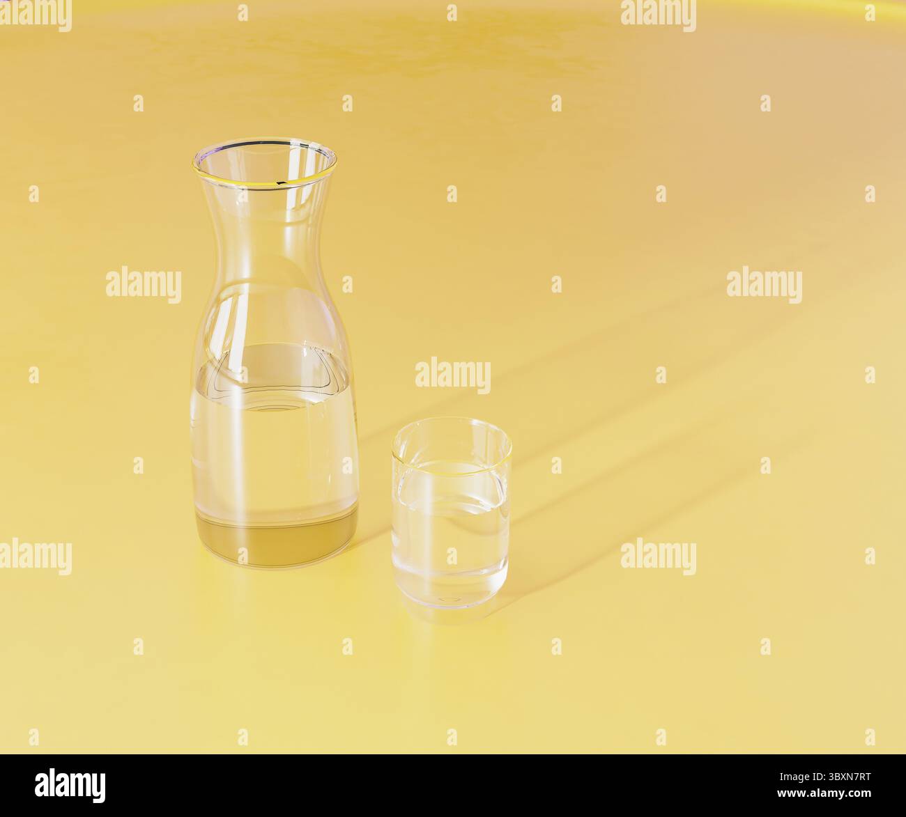 Clear glass of water and carafe on bright yellow surface, 3d rendering ...