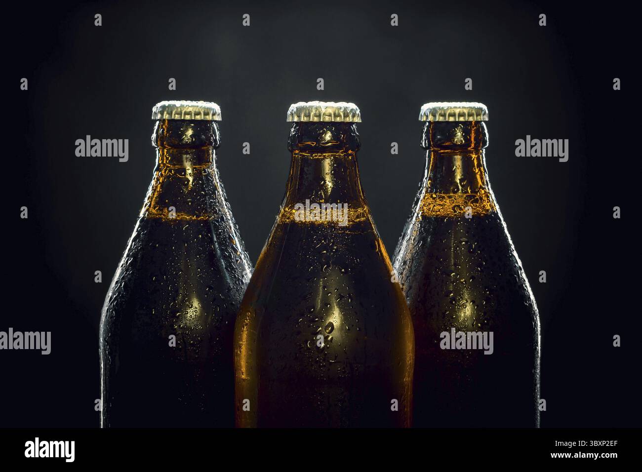 Three cool beer bottles on black background Stock Photo
