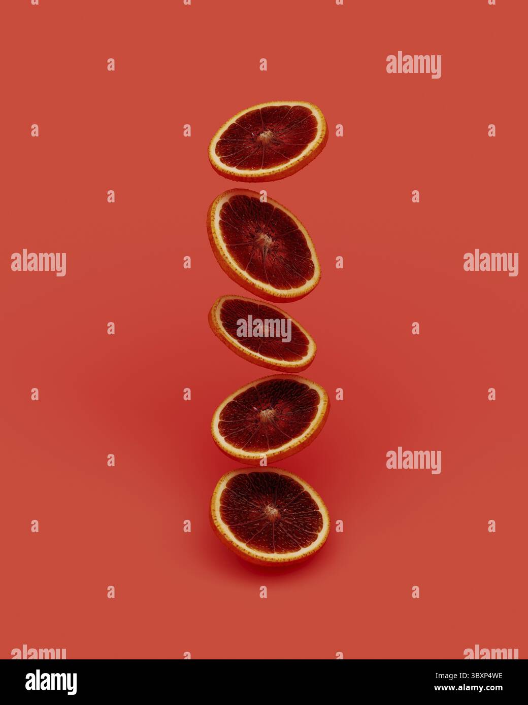 Floating/flying/falling sliced fresh graipfruit on orange background, 3d rendering Stock Photo