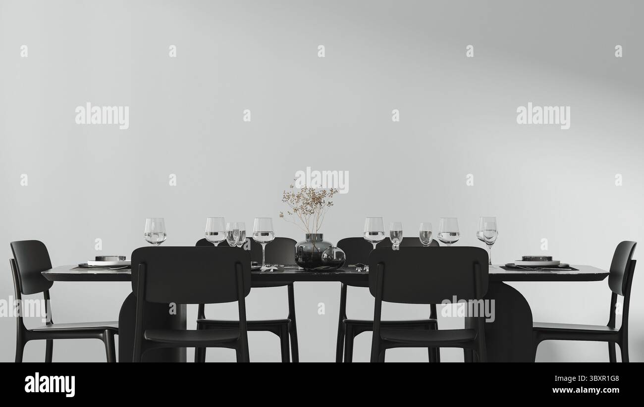 A beautiful dining table setted with cutlery, plates, glasses and decor ...