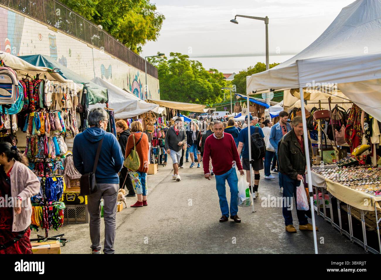 Outdoor vendors around the Santa Clara Market, Alfama district, Lisbon, Portugal. Stock Photo