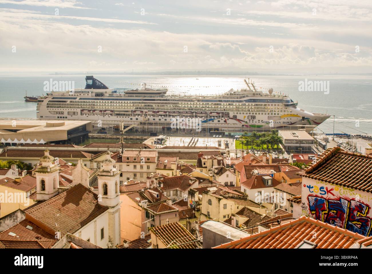 Norwegian Dawn at Main cruise terminal and docks, Alfama district,, Lisbon, Portugal. Stock Photo