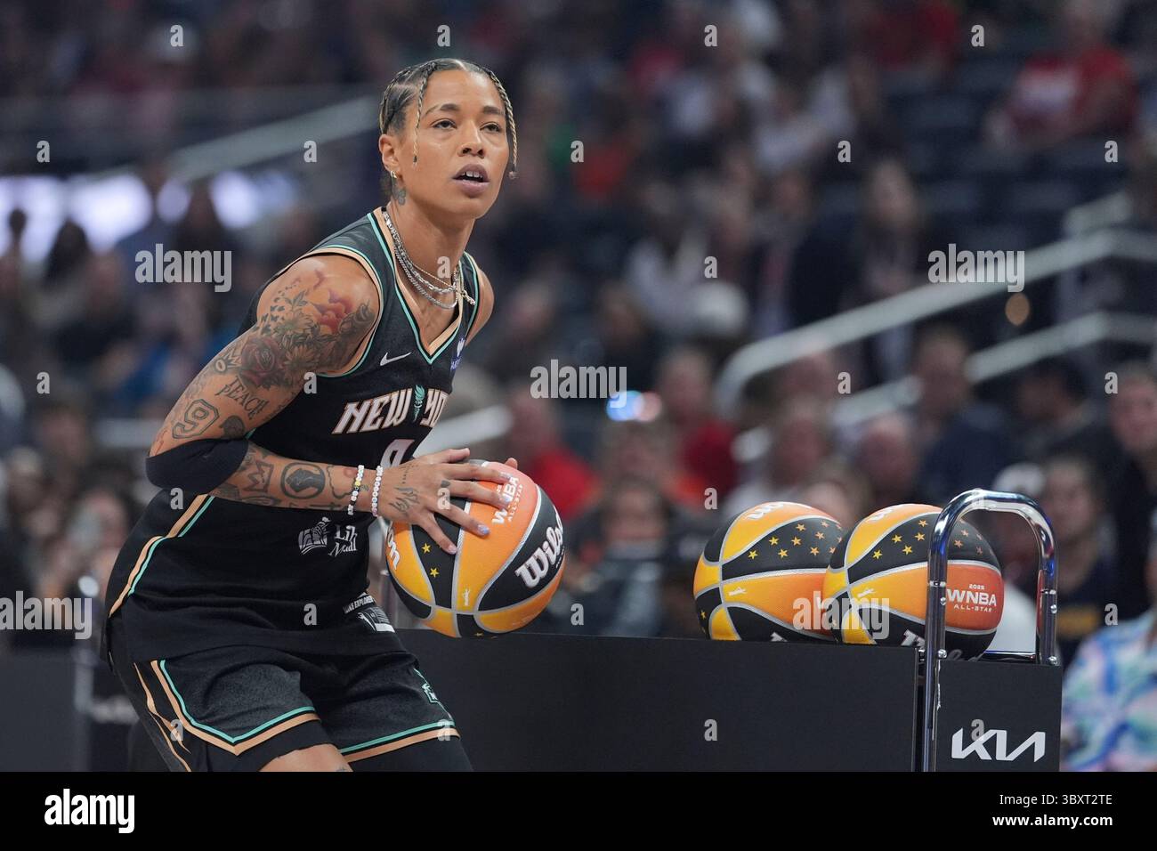 New York Liberty’s Natasha Cloud shoots during the skills challenge at