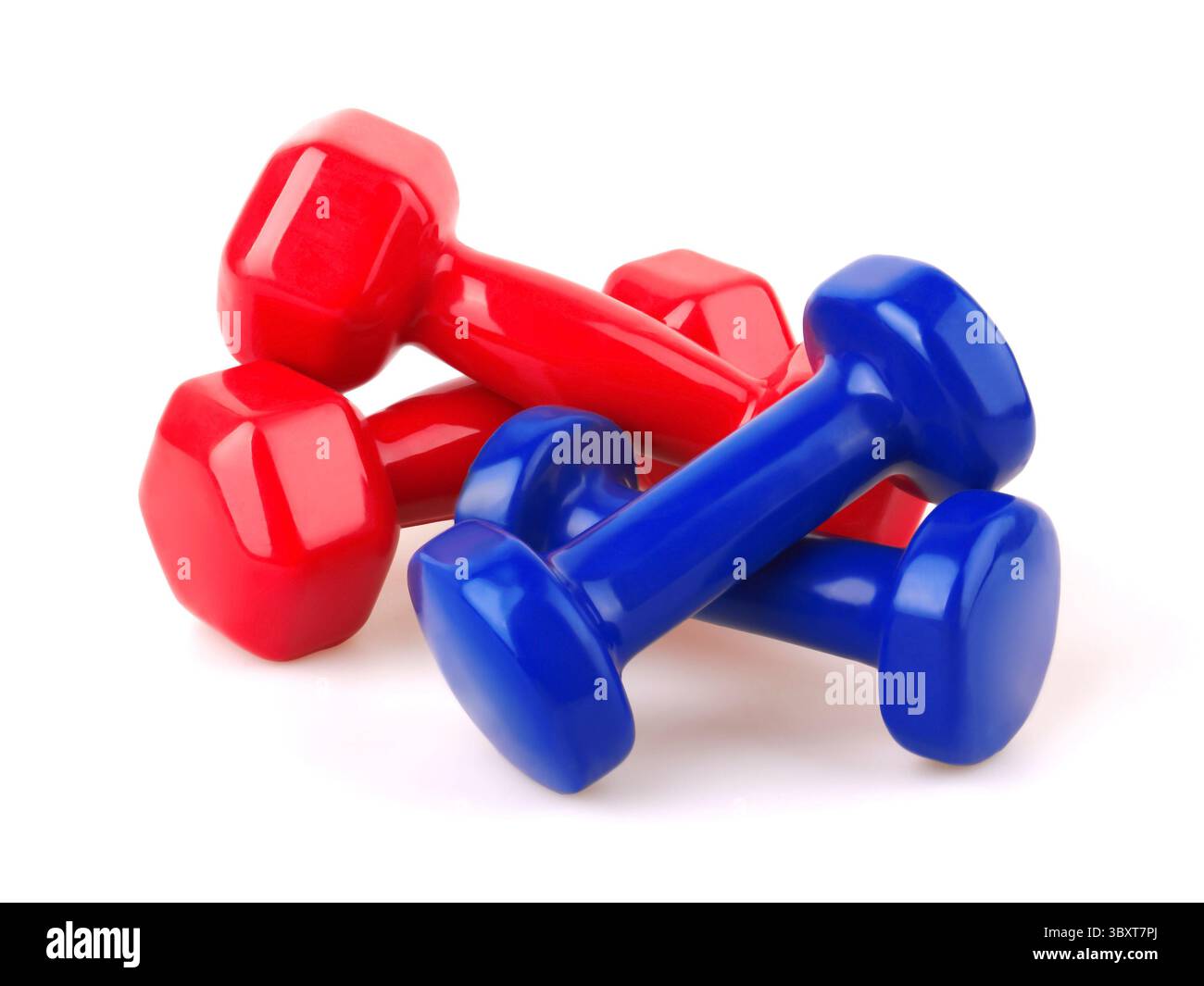Red and blue dumbbells, Isolated on white background Stock Photo