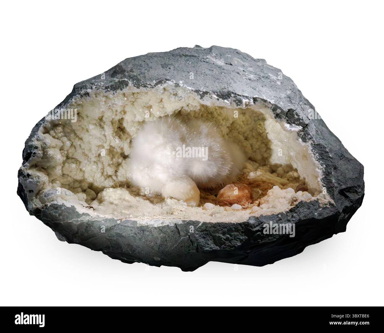 Okenite on basalt matrix, Mumbai, Maharashtra, India Stock Photo
