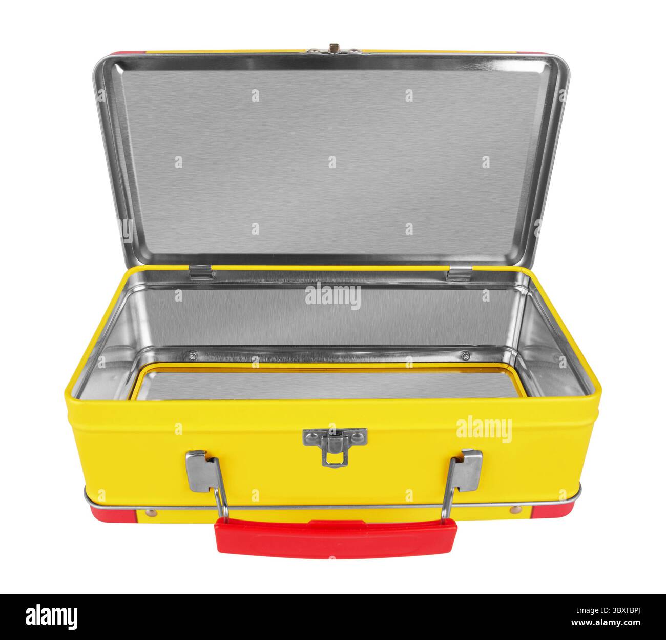 Opened Yellow metal suitcase isolated on white background Stock Photo