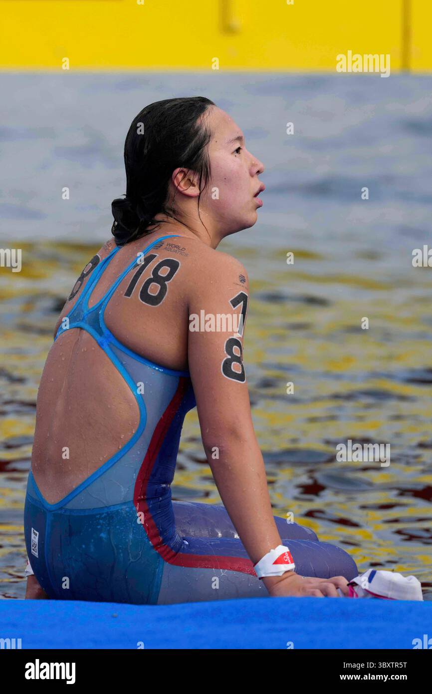 Ichika Kajimoto of Japan reacts after winning the women's 3km knockout ...