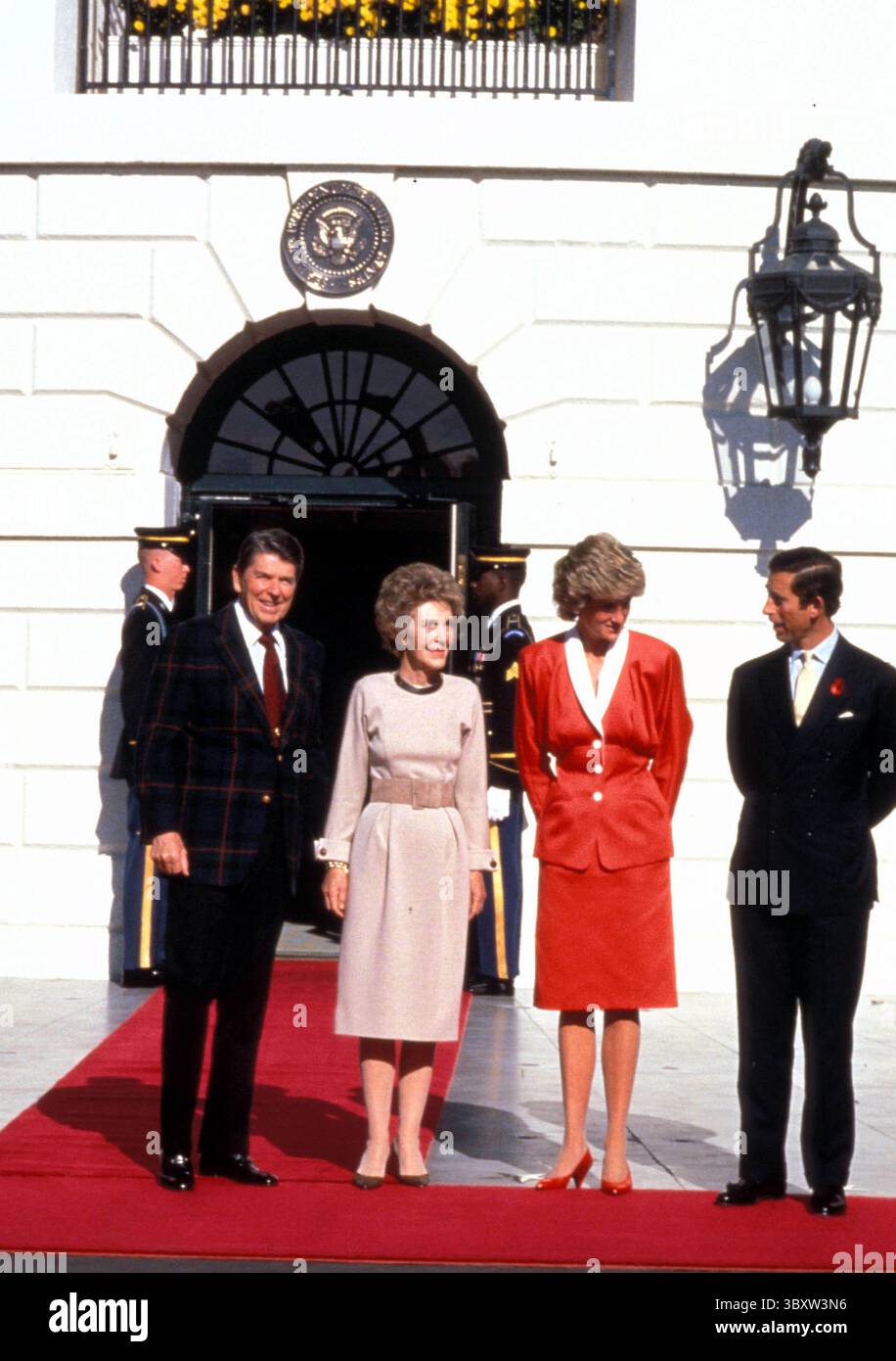 November 1, 1985, Washington, District of Columbia, USA: President RONALD REAGAN clad in plaid jacket posing with NANCY REAGAN, PRINCE CHARLES and PRINCESS DIANA, at the White House. (Credit Image: © Brad Markel/ZUMA Press Wire) Stock Photo