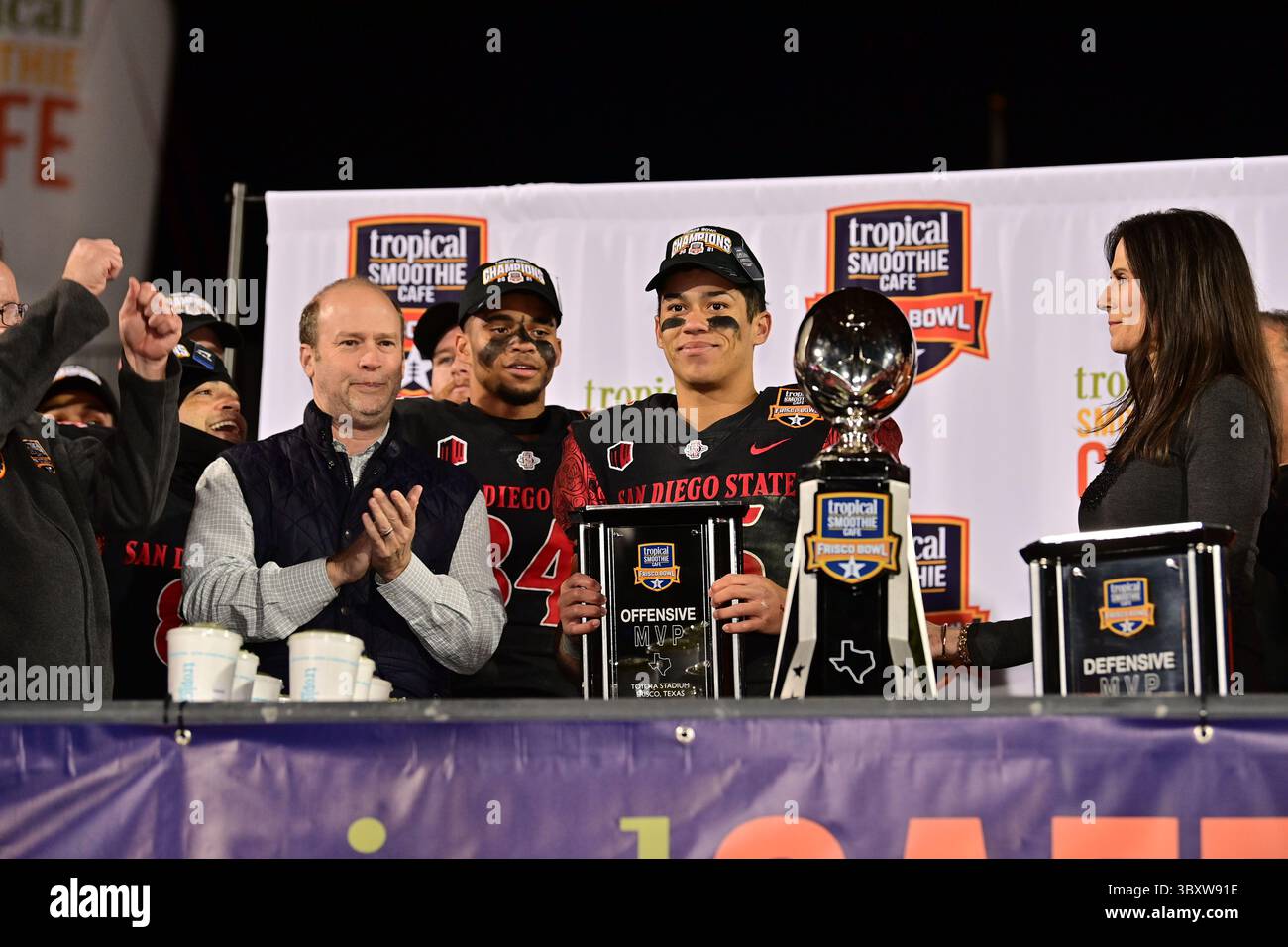 December 21st, 2021:.San Diego State Aztecs wide receiver Jesse Matthews (45) is the Offense MVP after the game between the UTSA Roadrunners and the San Diego State Aztecs at the 2021 Frisco Smoothie Bowl game at Toyota Stadium in Frisco, Texas, December 21st, 2021..Manny Flores/CSM Stock Photo