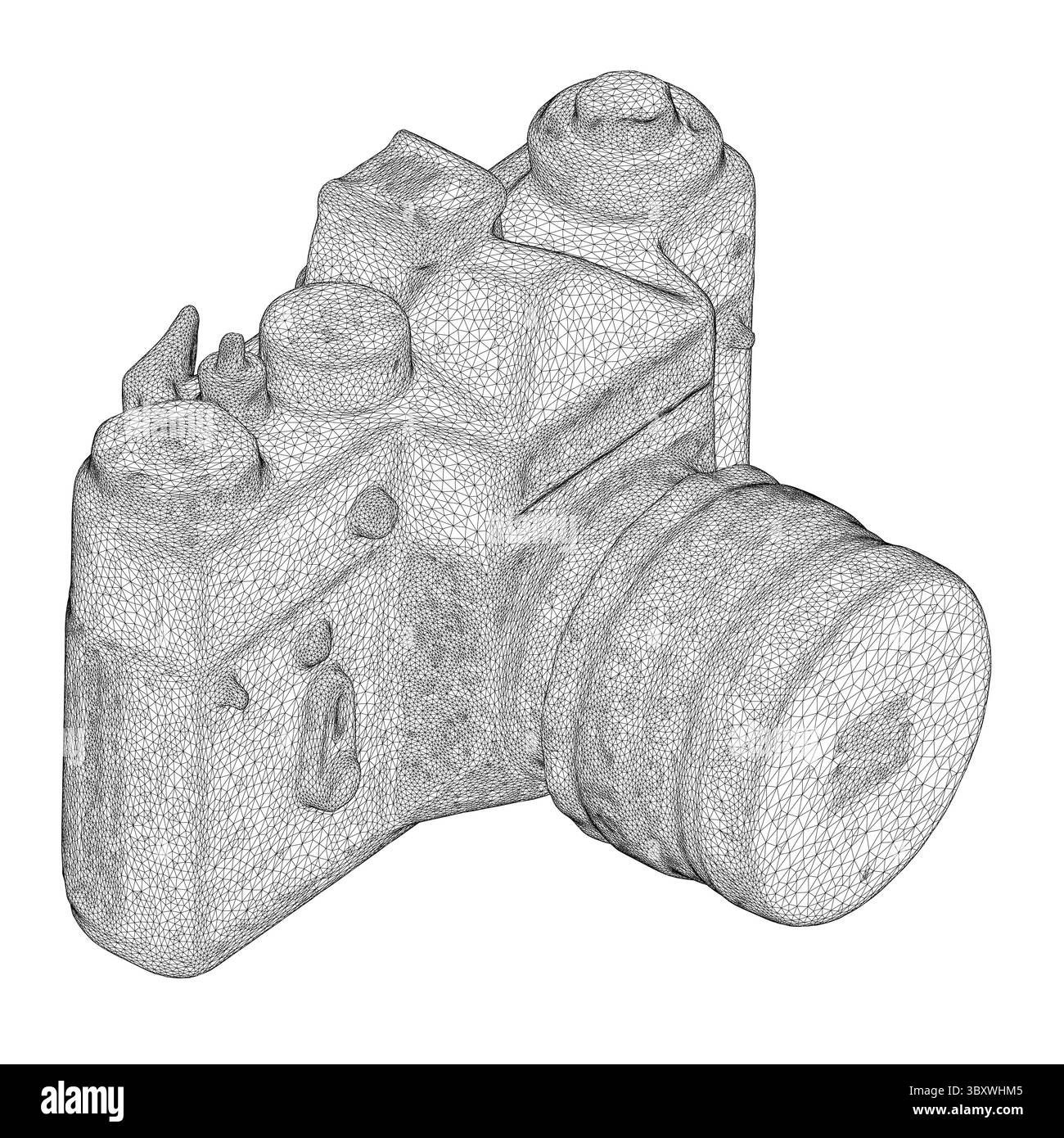 A camera is shown in a black and white drawing. The camera is old and ...