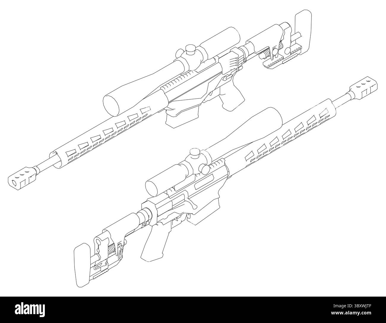 2 Rifles Drawing Two guns are shown in a black and white drawing. The guns are of the ...