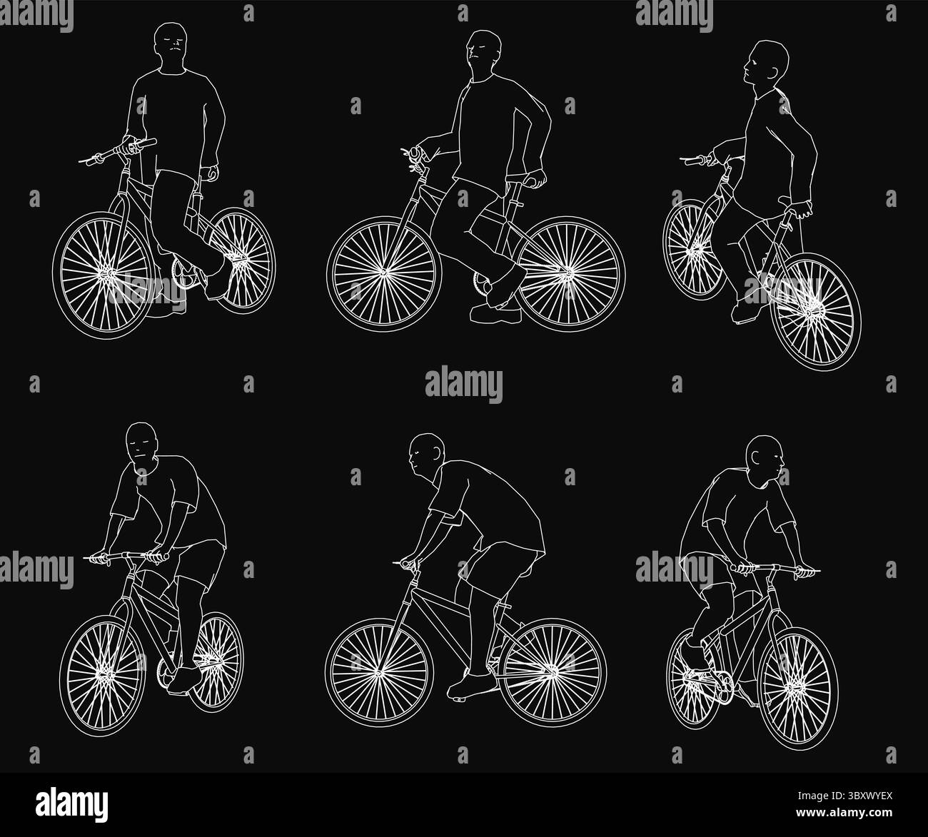 A series of drawings of a man riding a bicycle. The drawings are all in ...