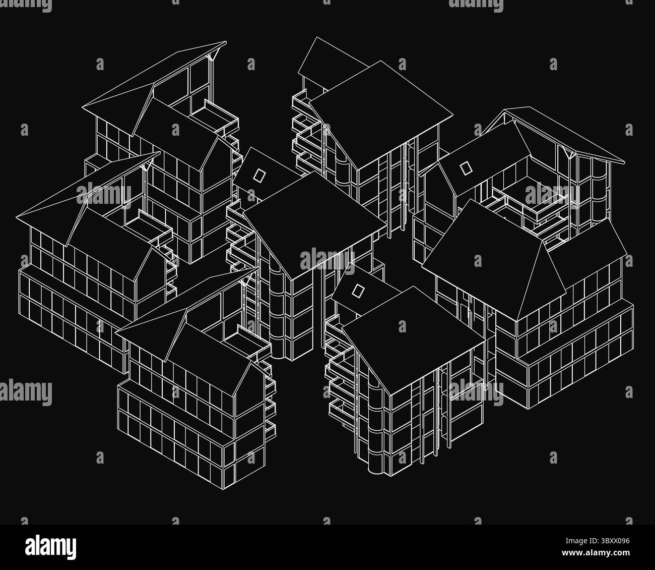 A group of buildings are shown in a black and white drawing. The ...