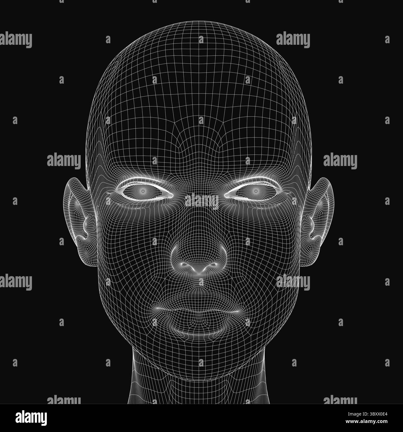 A close up of a face with a wire frame. The face is black and white ...