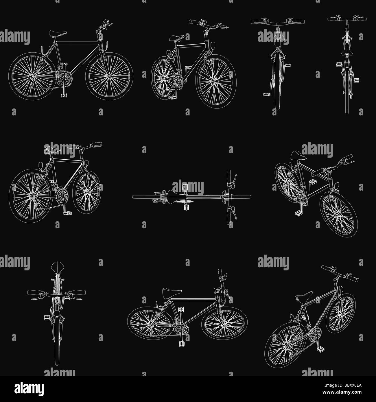 Bicycles arranged in a grid on a black background, each with unique designs and vibrant colors. The set includes various styles and sizes, from sleek Stock Vector