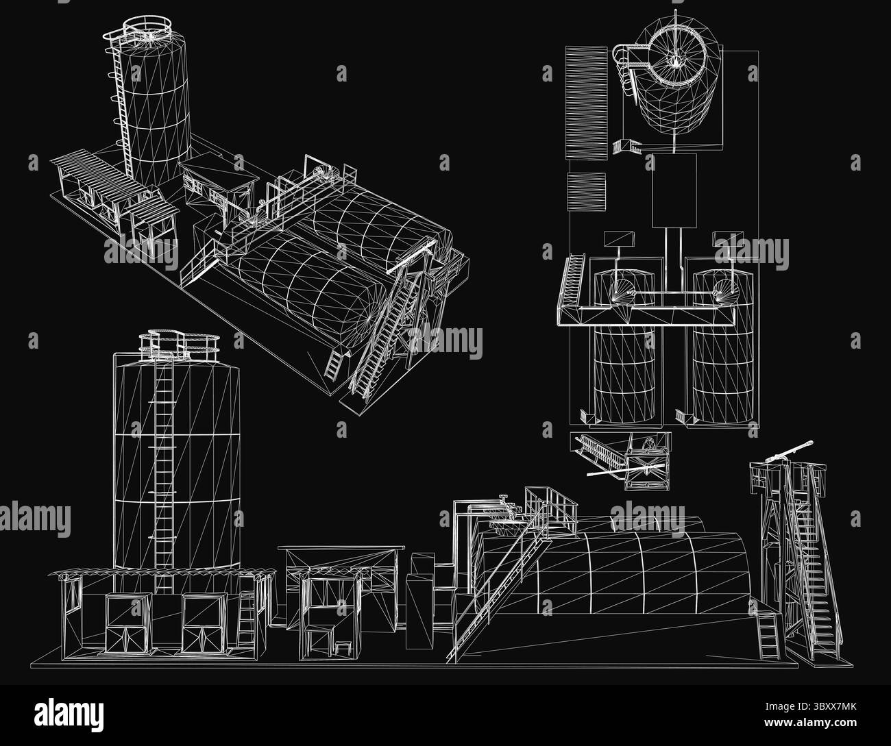 A detailed blueprint of an industrial grain elevator on a black background, showcasing elevators, conveyor belts, and structural components. The techn Stock Vector