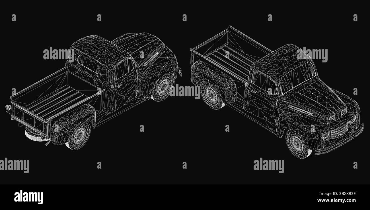 A 3D wireframe model of a pickup truck with realistic contours and details, rendered on a sleek black background. The transparent mesh design highligh Stock Vector
