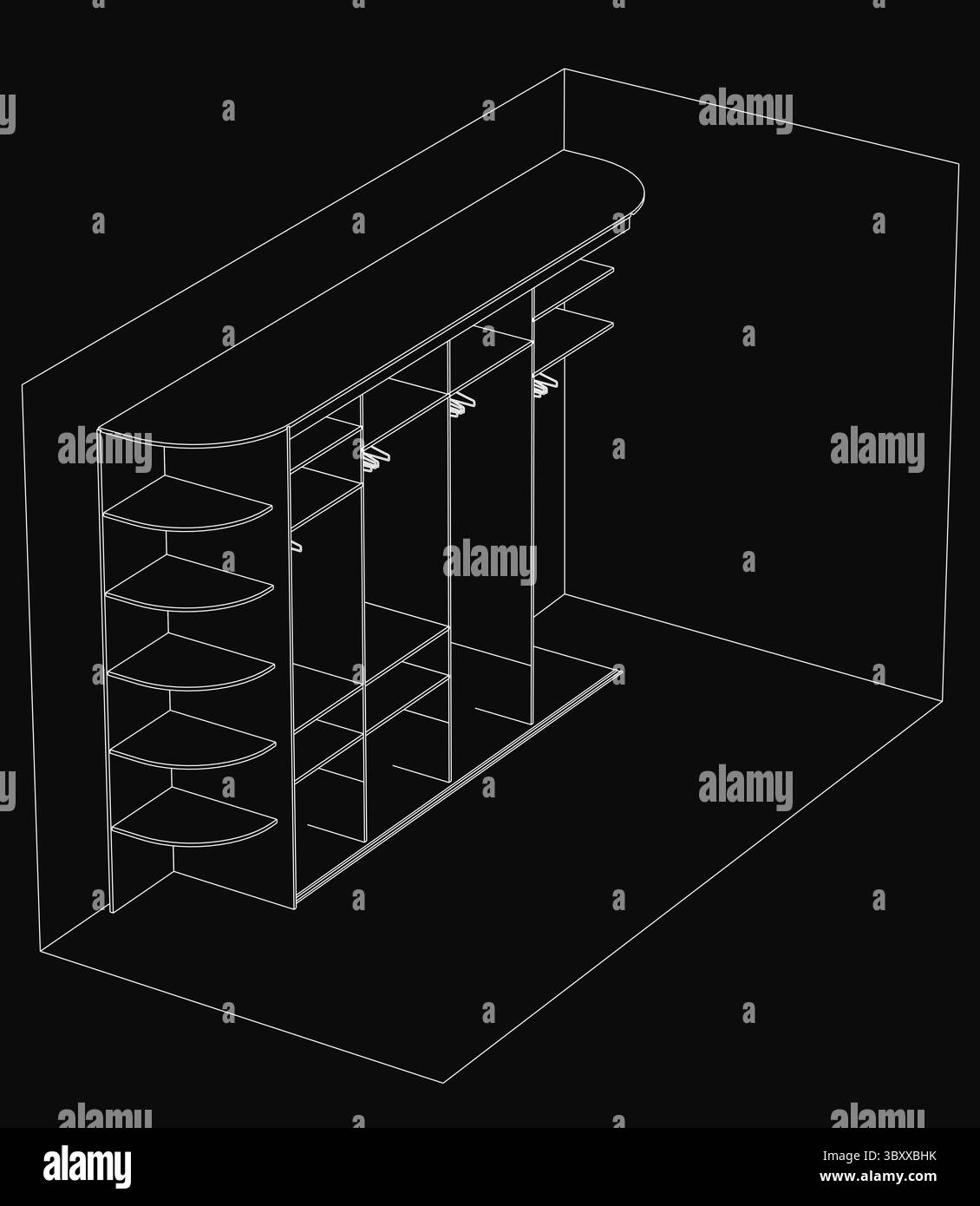 A black and white line drawing of a wardrobe with a shoe rack ...