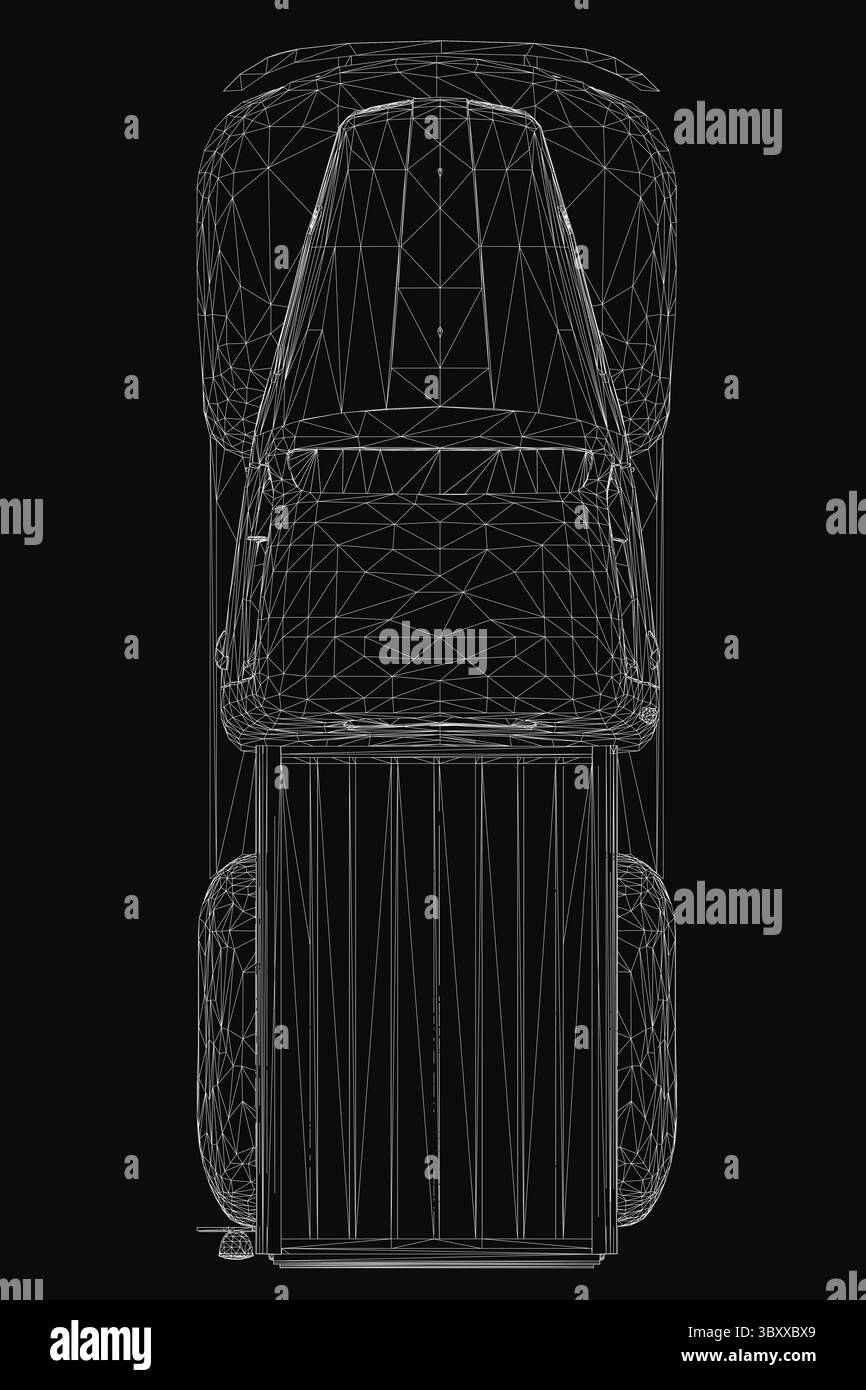Pickup truck wireframe model on black background, showcasing detailed headlights, grille, wheels, and 3D structure. The clean design highlights the ve Stock Vector