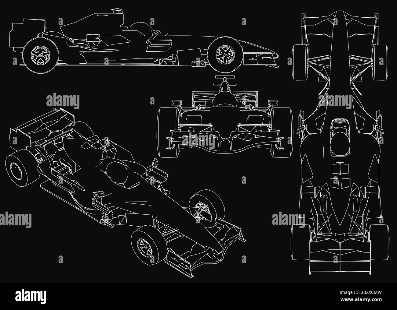 Set Detailed blueprint of a racing car with intricate vector-style ...