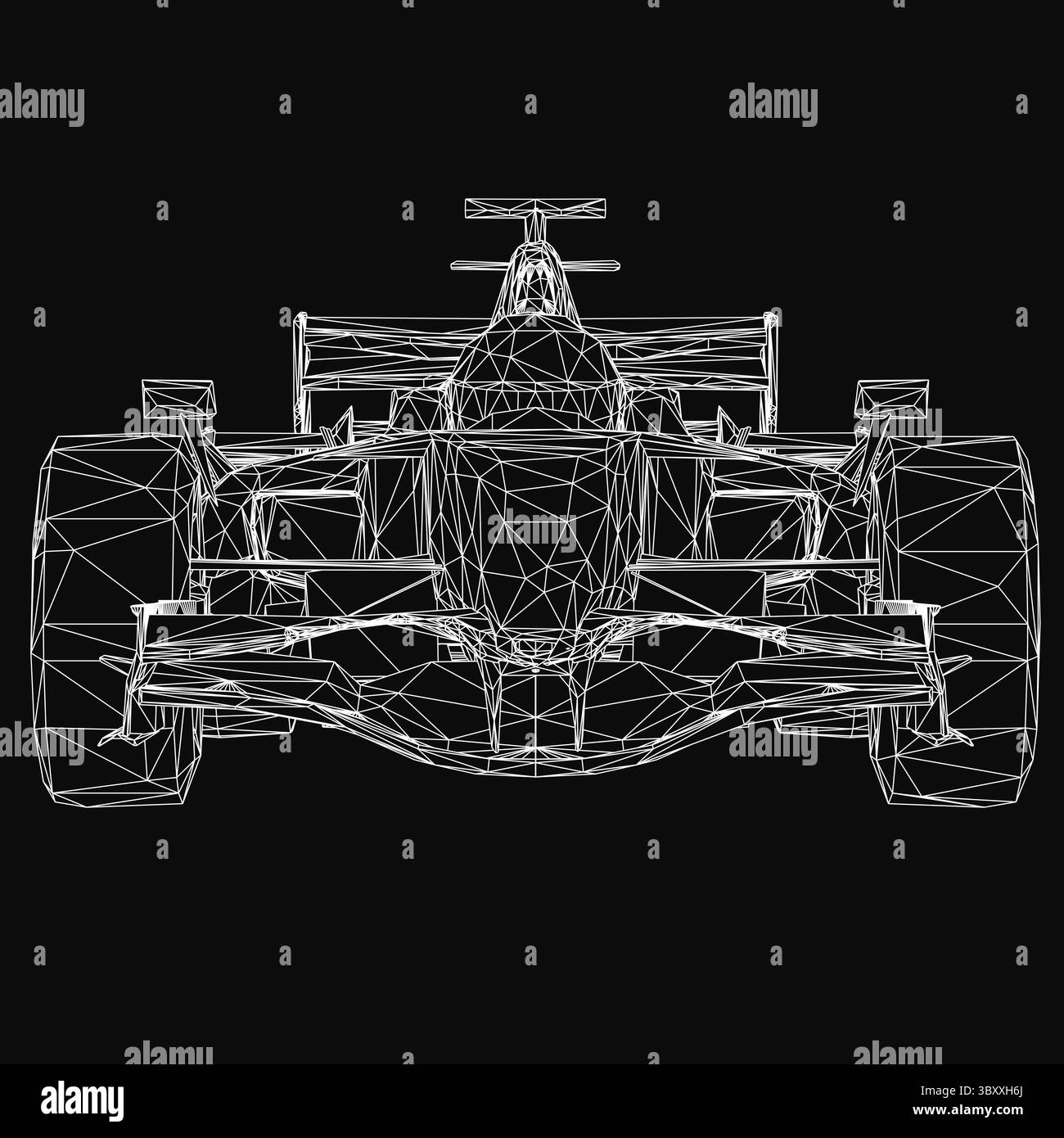 A black and white blueprint of a racing car features intricate ...
