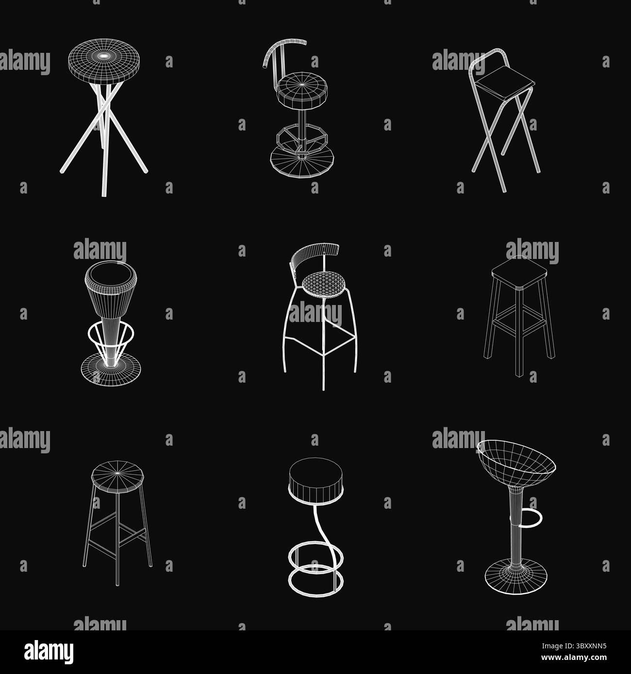 Six bar stools in a line art style, each with unique designs and shapes ...