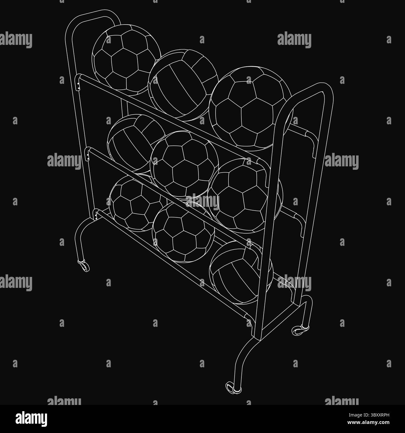 Soccer Clean Rack A 3D model of a soccer ball rack featuring multiple balls arranged in ...