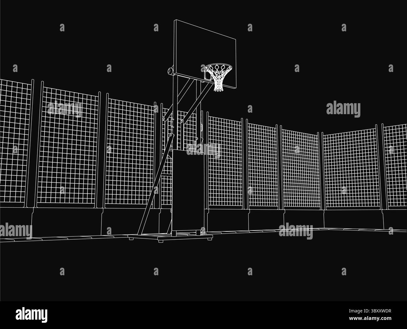 A black and white drawing of a basketball court featuring a detailed hoop and net, set against a dark, moody background. The minimalist style highligh Stock Vector