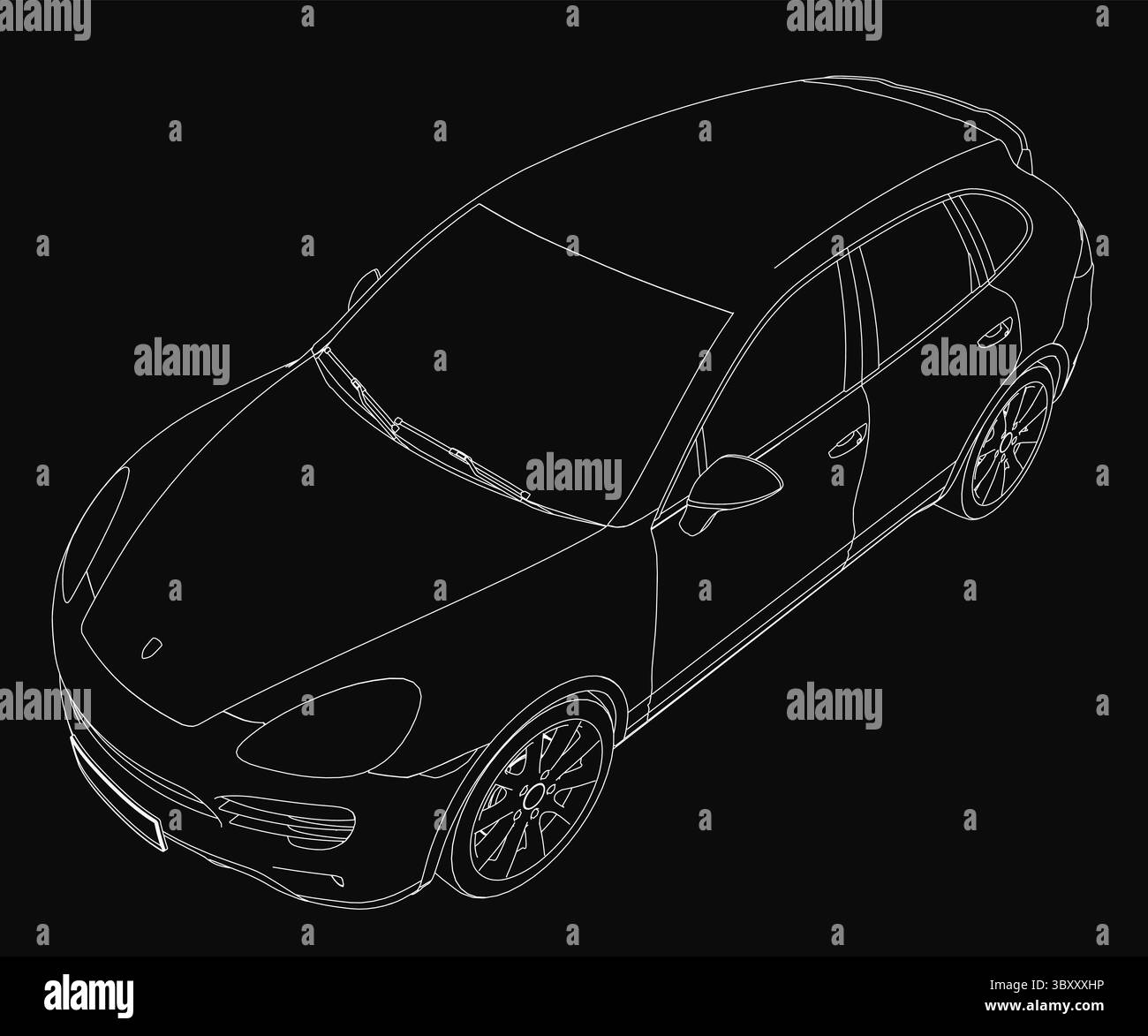 Car 3D blueprint showcases sleek contours and detailed features against a black background. The high-resolution model highlights the car's aerodynamic Stock Vector