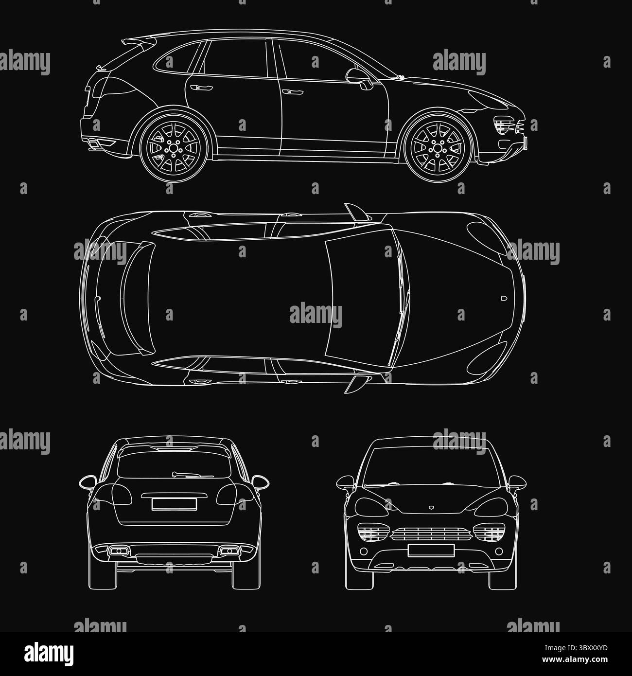 Car blueprint on black background highlights detailed contours, headlights, grille, and alloy wheels. Technical illustration showcases the luxury SUV' Stock Vector