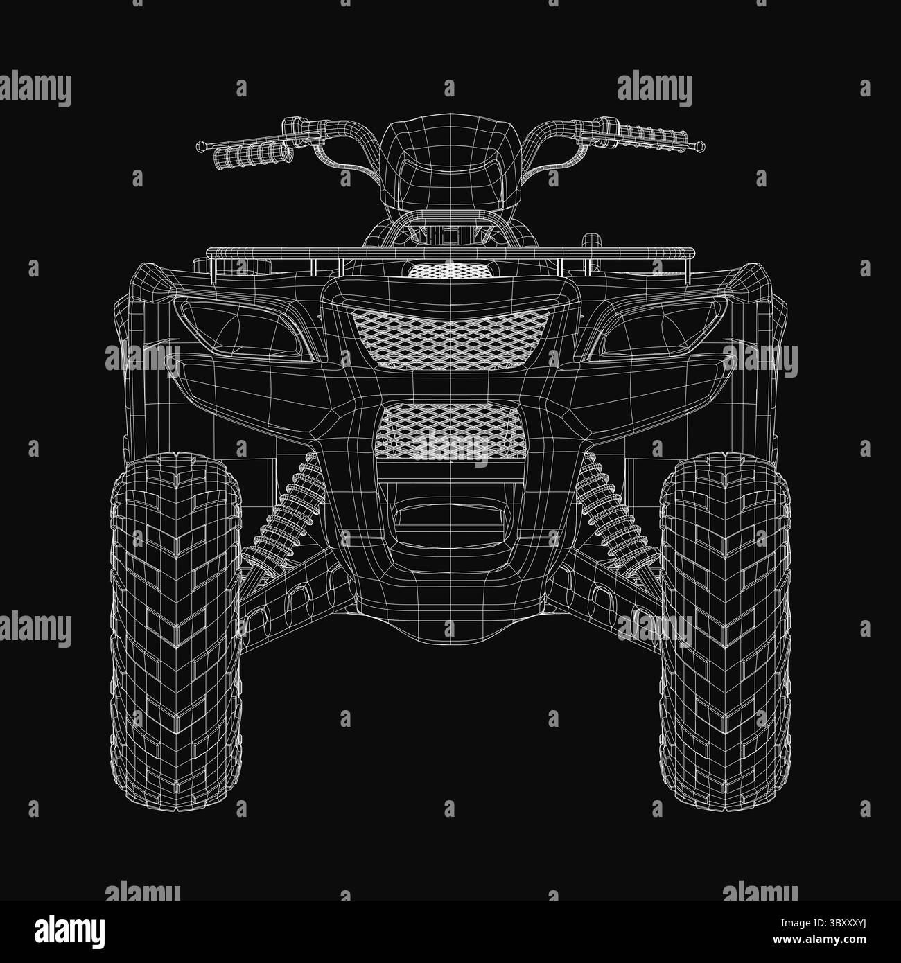 A 3D wireframe model of an ATV on a black background, showcasing detailed blueprint lines and smooth curves for a realistic design. The clean structur Stock Vector