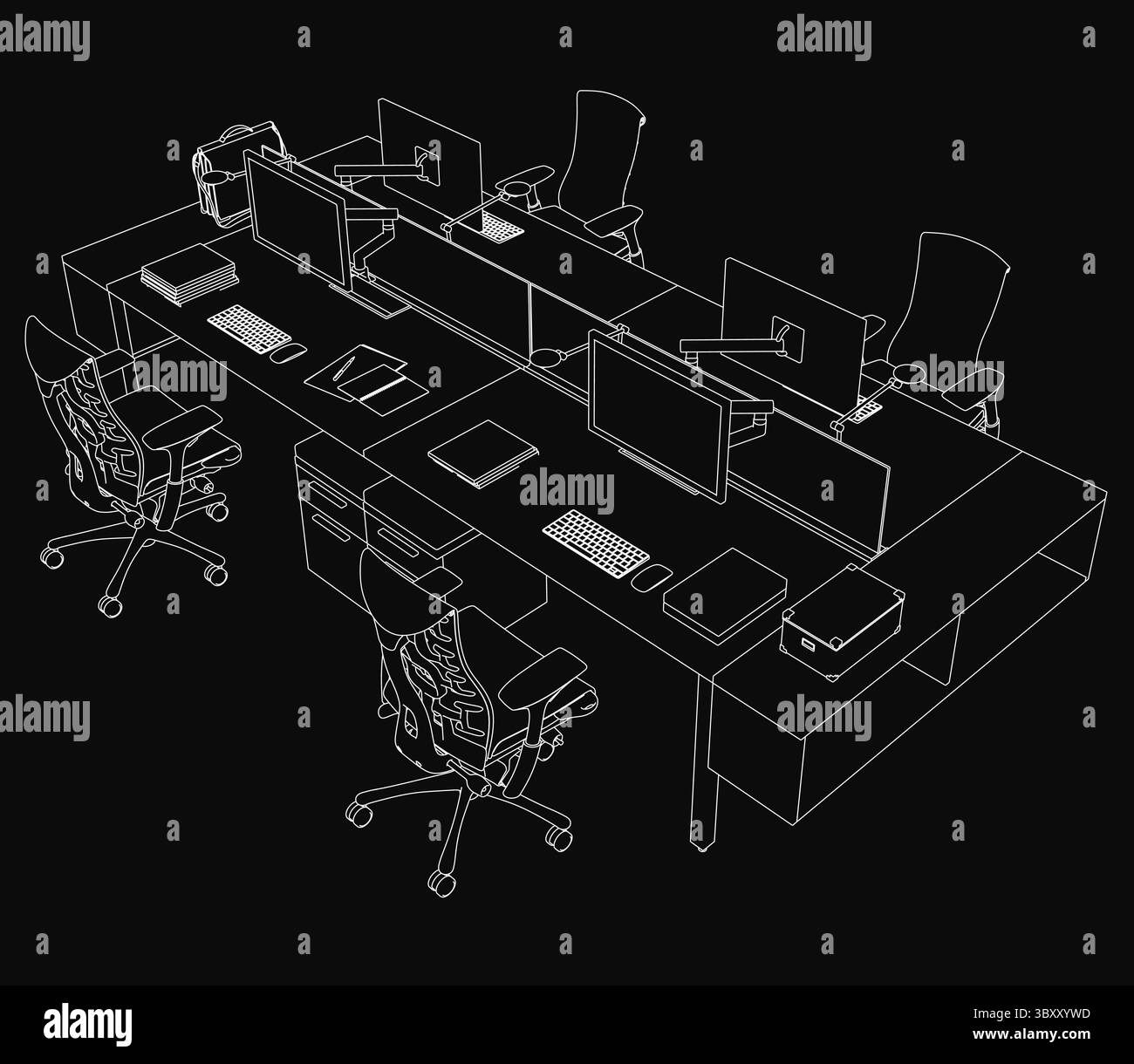 Black and white contour drawing of an office desk with two computer ...