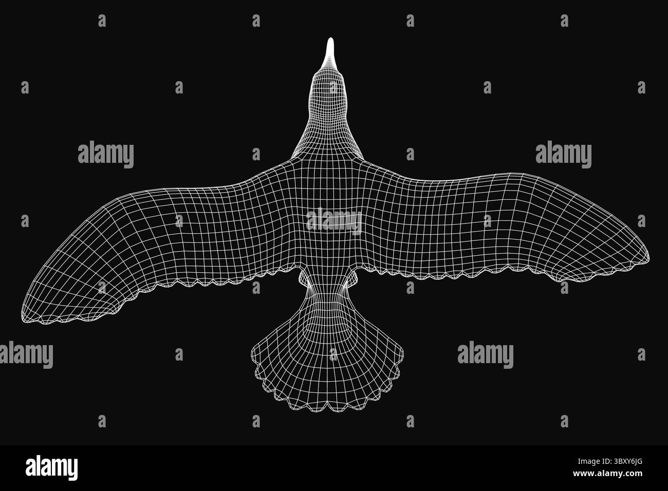 A 3D wireframe seagull spreads its wings mid-flight against a dark backdrop, showcasing intricate digital modeling. The bird's realistic form and dyna Stock Vector