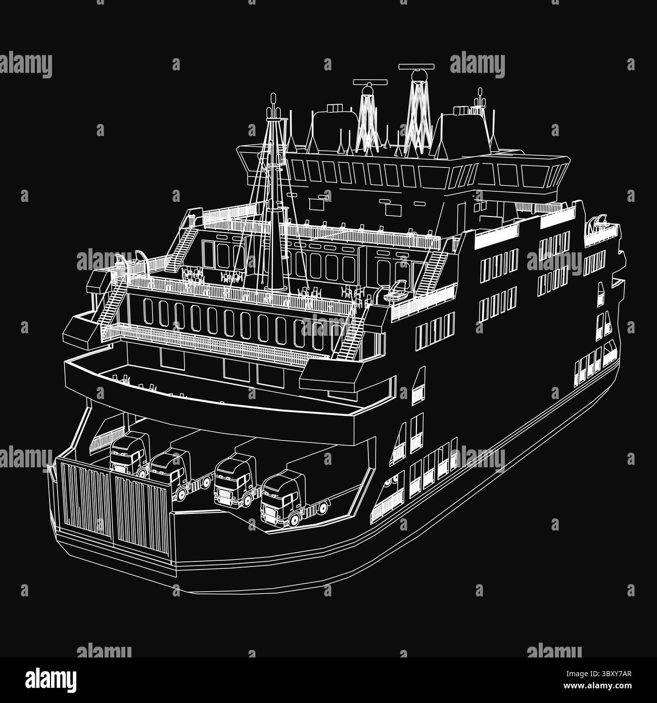 A detailed black and white drawing of a large ferry with intricate design elements, set against a stark black background for high contrast. The clean Stock Vector